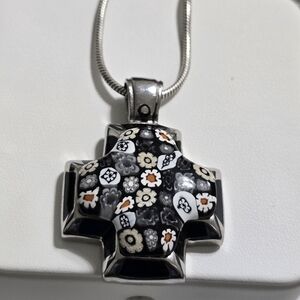 Black and White Floral Cross Pendant Sterling Silver Necklace
